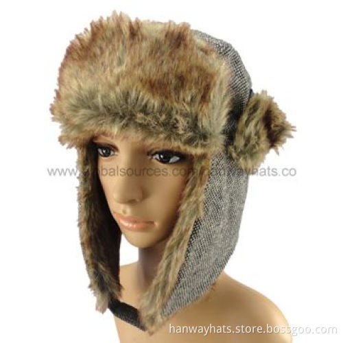 Earflaps Winter Hat with Berber Lining and Pompoms